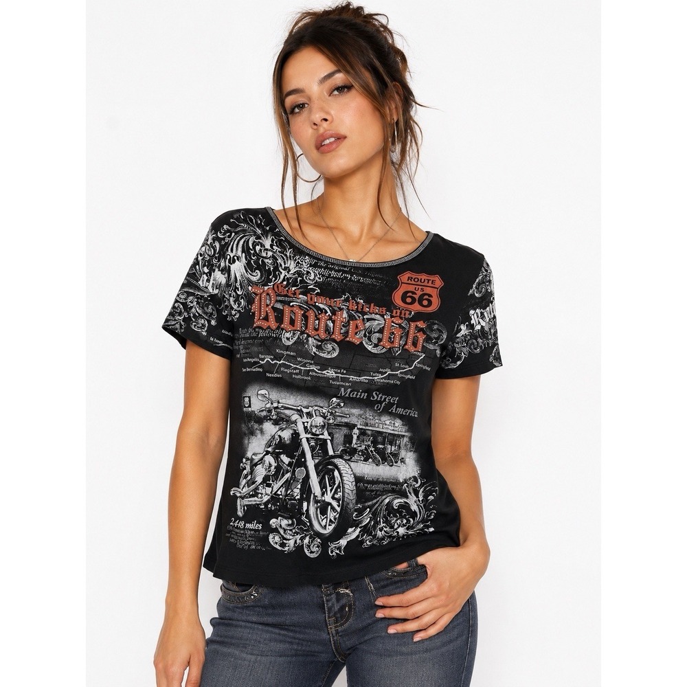 Route 66 Women's L Black Motorcycle Graphic Print Scoop Neck Y2K Tee